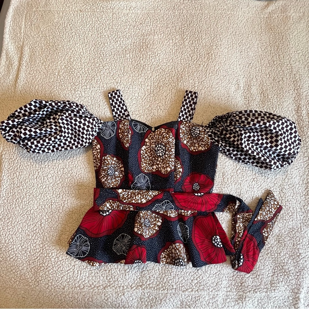 Homemade Custom Off Shoulder Top - Red‎ & Black Cinch Waist Puff Sleeves - Picture 3 of 13